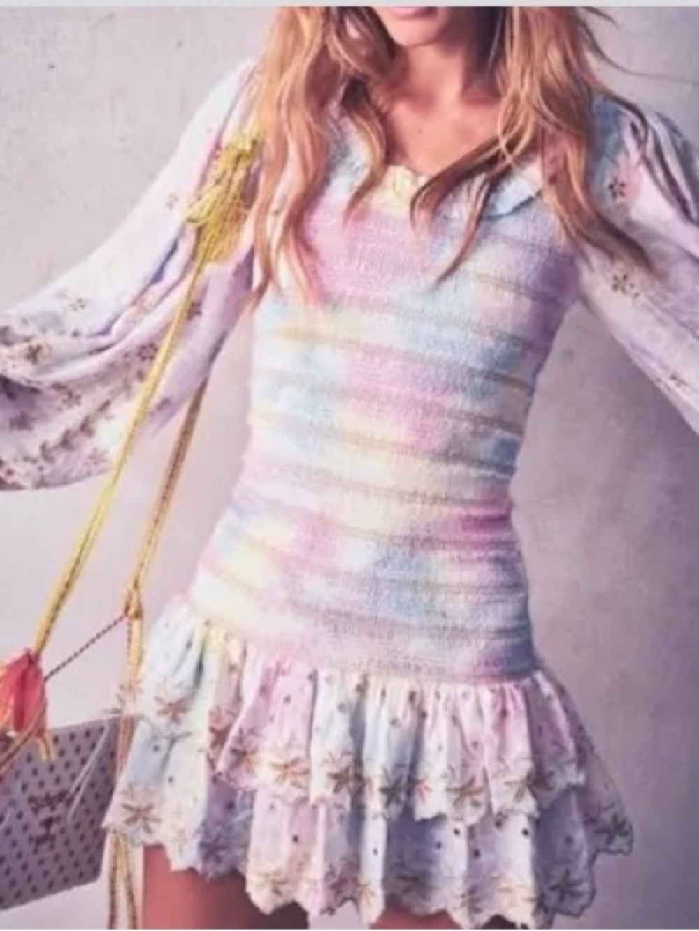 LoveShackFancy Pastel Knit Mini Dress with Gold Floral Embroidery